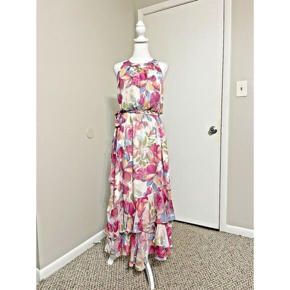Calvin Klein Maxi Dress  8 Pink Floral Chiffon Long Fairy Cocktail Halter Tiered - Picture 2 of 16